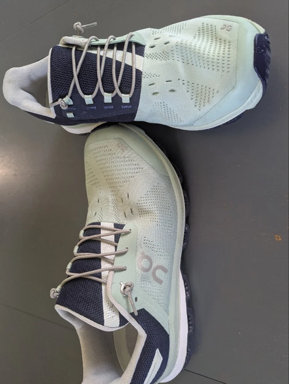 On Running Women’s Athletic Shoes - Navy and Light Mint With Grey Laces
